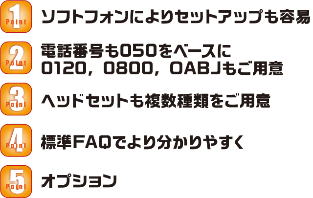 (1)ソフトフォンによりセットアップも容易 (2)電話番号も050をベースに0120, 0800, OABJもご用意 (3)ヘッドセットも複数種類をご用意 (4)標準FAQでより分かりやすく (5)オプション